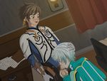  2boys blush brown_hair cum cum_in_mouth deepthroat erection fellatio hand_on_head male_focus mikleo_(tales) multiple_boys orgasm penis silver_hair smile sorey_(tales) sucking tales_of_(series) tales_of_zestiria testicles yaoi 