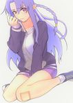  absurdres bandaid braid caster fate/grand_order fate_(series) highres jacket kujuu_shikuro light_blush long_hair looking_at_viewer pointy_ears purple_eyes purple_hair shoes side_braid sitting sneakers solo track_jacket wariza 