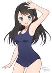  :d arm_up armpits bangs black_hair blue_eyes blush breasts collarbone eyebrows_visible_through_hair long_hair looking_at_viewer medium_breasts one-piece_swimsuit open_mouth original ragho_no_erika school_swimsuit simple_background smile solo standing sukurizo! swimsuit tsubakiyama_sou 