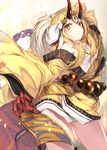  bare_shoulders beads blonde_hair closed_mouth commentary_request facial_mark fal_maro fate/grand_order fate_(series) floral_print highres horns ibaraki_douji_(fate/grand_order) japanese_clothes kimono long_hair long_sleeves looking_at_viewer oni_horns prayer_beads rope solo tattoo wide_sleeves yellow_eyes yellow_kimono 