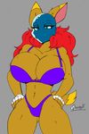  2017 5_fingers akatsukishiranui-fox anthro big_breasts blue_eyes bra breasts canine cleavage clothed clothing eyelashes female hair hands_on_hips hi_res huge_breasts mammal mask midriff navel navel_piercing panties piercing red_hair solo underwear 