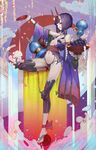  alcohol bowl breasts collarbone cup fate/grand_order fate_(series) food fruit full_body grapes highres horns japanese_clothes kimono looking_at_viewer mins_(minevi) navel oni oni_horns open_mouth peach purple_eyes purple_hair sakazuki sake shiny shiny_hair short_hair shuten_douji_(fate/grand_order) small_breasts smile solo water waves 