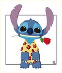  2015 4_fingers 4_toes alien black_eyes blue_claws blue_fur blue_nose border bottomless chest_tuft claws clothed clothing digital_drawing_(artwork) digital_media_(artwork) disney experiment_(species) flower fur hawaiian_shirt head_tuft hi_res lilo_and_stitch looking_at_viewer mnb89 no_sclera nose_wrinkle notched_ear philtrum plant rose shirt signature simple_background smile standing stitch toe_claws toes tuft white_background 