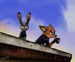  2016 anthro bulletproof_vest canine clothed clothing cloud cup disney duo ear_tuft female fox holding_object judy_hopps lagomorph male mammal nick_wilde outside panzery25 police_uniform rabbit roof signature sky tuft uniform zootopia 