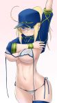  1girl ahoge arm_up artoria_pendragon_(all) bikini blonde_hair blue_eyes blush breasts cleavage fate/grand_order fate_(series) hat highres jacket long_hair mysterious_heroine_xx_(foreigner) navel ponytail simple_background solo swimsuit thigh_strap wata_do_chinkuru white_background white_bikini wristband 