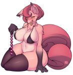  anal_beads anthro bell big_breasts blush bottomless bra breasts canid canine clothed clothing digital_media_(artwork) female fox hair legwear mammal multi_tail navel open_mouth rabbitbrush red_hair sex_toy solo stockings thick_thighs thigh_highs tongue tongue_out underwear 