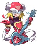  blonde_hair blown_kiss blush bodysuit commentary_request cowboy_shot flat_chest green_eyes guitar harp_note heart helmet hibiki_misora instrument looking_at_viewer mizuno_(okn66) one_eye_closed rockman ryuusei_no_rockman smile solo spiked_hair twitter_username visor 