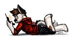  2016 anthro barefoot canine cellphone clothed clothing eye_markings fox holding_object hoodie lying male mammal markings on_front panzery25 phone shade_(imshadypixel) shorts side_view signature simple_background tongue tongue_out white_background 