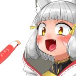  1girl animal_ear_fluff animal_ears bangs blunt_bangs blush bodysuit cat_ears drooling excited fangs grey_hair hair_ornament nintendo niyah open_mouth penis-shaped_object ribbon saliva scarf short_hair silver_hair solo tongue tongue_out white_background xenoblade_(series) xenoblade_2 yellow_eyes yellow_ribbon 