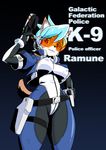  1girl :3 animal_ears blue_hair character_name english female furry gradient_background gun mayoi89g original ramune_(mayoi89g) robot_ears solo visor weapon 