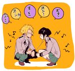  1girl black_hair blazer blonde_hair boku_no_hero_academia earphones eighth_note green_skirt hana_(dkrnn) jacket jirou_kyouka kaminari_denki looking_at_another lowres musical_note pleated_skirt school_uniform short_hair skirt socks squatting u.a._school_uniform 