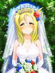  birthday blonde_hair blue_flower blue_rose bouquet braid breasts bug butterfly crown_braid crying crying_with_eyes_open dress elbow_gloves flower gloves grass hair_rings happy_birthday highres hkn_(ringya) insect large_breasts love_live! love_live!_sunshine!! medium_hair ohara_mari red_flower red_rose rose tears tiara twitter_username wedding_dress yellow_eyes 