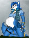  abdominal_bulge anthro belly big_belly blue_eyes blue_fur blue_hair canine clothed clothing female fingerless_gloves fox fur geckoguy123456789 gloves hair hand_on_stomach hand_on_thigh jewelry kneeling krystal leovictor mammal navel necklace nintendo pregnant star_fox tailband tattoo video_games white_fur 