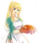  apron blonde_hair blue_eyes dress earrings food fullmetal_alchemist gloves green_dress jewelry long_hair looking_at_viewer open_mouth pie ponytail solo tsukuda0310 winry_rockbell 