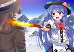  above_clouds black_hat blue_hair blush bow coat commentary_request day e.o. eyebrows_visible_through_hair facing_another food from_behind fruit hat hinanawi_tenshi holding holding_sword holding_weapon long_hair looking_at_another mountain multiple_girls open_mouth outdoors peach puffy_short_sleeves puffy_sleeves red_bow red_eyes red_ribbon ribbon short_sleeves sword sword_of_hisou teeth threat touhou usami_renko weapon white_ribbon 