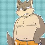 2018 anthro belly blush bulge canid canine canis clothing domestic_dog green_bell humanoid_hands inakamichi male mammal navel simple_background slightly_chubby solo teeth underwear 