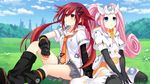  blue_eyes boots bow choujigen_taisen_neptune_vs_sega_hard_girls elbow_gloves fingerless_gloves game_cg game_console gloves grass hair_ornament hairclip highres kneehighs long_hair multiple_girls necktie neptune_(series) official_art orange_eyes pink_hair red_hair sega_dreamcast sega_dreamcast_(sega_hard_girls) sega_hard_girls sitting tennouboshi_uzume tsunako twintails wariza 