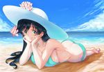  ass beach bikini black_hair blue_bikini blue_eyes blue_sky blue_swimsuit blush breasts cleavage closed_mouth cloud collarbone commentary_request day eyebrows_visible_through_hair eyes_visible_through_hair full-face_blush girls_und_panzer hands_on_own_cheeks hands_on_own_face hat highres isuzu_hana large_breasts long_hair lying ocean outdoors pink_x shiny shiny_hair shiny_skin sky smile solo sun_hat swimsuit water wet 