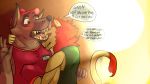  anthro clothed clothing comic curled_tail felid fully_clothed hand_around_neck hand_under_shirt hyaenid kissing_neck lens_flare lion male male/male mammal mane name_tag open_mouth pantherine teeth thekinkybear 