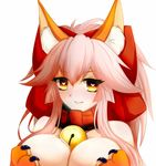  animal_ears bad_id bad_pixiv_id bell bell_collar breasts cleavage collar fate/grand_order fate_(series) fox_ears hair_ribbon heart heart-shaped_pupils large_breasts long_hair looking_at_viewer lytlennier paws pink_hair ribbon simple_background solo symbol-shaped_pupils tamamo_(fate)_(all) tamamo_cat_(fate) white_background yellow_eyes 