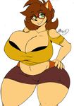  2017 akatsukishiranui-fox anthro belly big_breasts black_nose breasts brown_hair canine cleavage clothed clothing eyebrows eyelashes eyewear female fox glasses green_eyes hair hand_on_hip hi_res huge_breasts mammal navel navel_rim simple_background slightly_chubby solo thick_thighs white_background wide_hips 