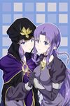  absurdres black_gloves breasts cape caster dual_persona fate/stay_night fate_(series) gloves highres holding_hands hood lipstick long_hair makeup medium_breasts multiple_girls pointy_ears purple_eyes purple_hair purple_lipstick zha_cha_jiang 