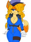  2017 5_fingers akatsukishiranui-fox anthro big_breasts black_nose blonde_hair blue_eyes breasts canine cleavage clothed clothing eyebrows eyelashes female fox gloves hair hair_over_eye hi_res long_hair mammal simple_background smile solo tight_clothing white_background wide_hips 