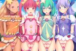  4girls amamiya_erena arms_behind_back bangs blonde_hair blue_sky blunt_bangs blush breasts censored choker closed_mouth cloud covered_nipples cure_milky cure_selene cure_soleil cure_star daiaru dark_skin day dildo eyebrows_visible_through_hair green_choker green_hair hagoromo_lala heart_tattoo hoshina_hikaru kaguya_madoka long_hair looking_at_viewer magical_girl medium_breasts mosaic_censoring multiple_girls object_insertion open_mouth pink_choker pink_eyes pink_hair precure pubic_tattoo purple_choker purple_hair pussy_juice short_hair sky smile star_twinkle_precure tattoo twintails vaginal vaginal_object_insertion 