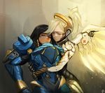  black_hair blonde_hair bodysuit closed_eyes dark_skin emblem eye_of_horus facial_mark facial_tattoo flying frown glowing glowing_wings gradient gradient_background grey_background hair_tubes high_ponytail holding_person hug light_particles mechanical_halo mercy_(overwatch) multiple_girls no_headwear no_helmet overwatch pharah_(overwatch) power_armor rushi_(bloodc) side_braids tattoo unconscious unhappy upper_body white_bodysuit wings 