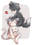  amber_eyes anthro band-aid bandage black_fur blue_fur blush canine cub duo eyes_closed feline fur looking_at_viewer male male/male mammal nude petting sitting smile striped_fur stripes white_fur wolf young yuanyuan 