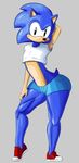  2017 anthro blue_fur clothed clothing denim_shorts fur girly hedgehog hi_res leaning leaning_forward looking_at_viewer male mammal navel painted_fingernails shirt short_tail shorts snygzzy solo sonic_(series) sonic_the_hedgehog thick_thighs wide_hips 