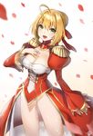 :d absurdres ahoge bangs blonde_hair blurry braid breasts cleavage commentary cowboy_shot depth_of_field dress epaulettes fang fate/extra fate_(series) french_braid green_eyes hair_between_eyes hair_bun hair_intakes hair_ribbon hand_on_own_chest hieung highres juliet_sleeves large_breasts leotard long_legs long_sleeves looking_at_viewer motion_blur nero_claudius_(fate) nero_claudius_(fate)_(all) open_mouth petals puffy_sleeves red_dress red_ribbon ribbon see-through sidelocks signature smile solo standing thighs white_leotard 