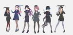  6girls artist_request black_hair blonde_hair blue_hair bowtie brown_hair dark_skin gloves hat hatsune_miku high_heels mecha microphone necktie pantyhose stockings suit twintails 