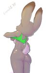  2017 absurd_res anthro bottomless breasts butt clothed clothing clothing_lift crombie disney female fur grey_fur hi_res judy_hopps lagomorph mammal rabbit rear_view shirt shirt_lift side_boob simple_background solo tank_top white_background white_fur wide_hips zootopia 