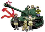  black_hair blonde_hair blue_eyes bottle brown_hair caterpillar_tracks eyepatch glasses green_eyes ground_vehicle hammer_and_sickle hayami_rasenjin is-2 military military_vehicle motor_vehicle multiple_girls original red_eyes red_hair smile soviet tank tank_helmet world_tank_battles 