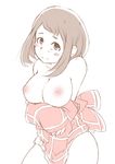  1girl artist_request bare_shoulders blush boku_no_hero_academia breasts brown_eyes brown_hair eyebrows highres japanese_clothes kimono looking_at_viewer nervous_smile nipples short_hair simple_background smile solo undressing uraraka_ochako white_background 