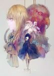  beak bird black_cloak blonde_hair boots bug butterfly cloak colin_(fabri) copyright_name fabri flower flower_request grey_background highres hood hooded_cloak insect long_hair multiple_girls noose original simple_background white_flower yellow_eyes 