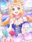  angel angel_wings birthday blonde_hair blue_flower blue_rose braid cloud cloudy_sky crown crown_braid day flower hair_rings happy_birthday headset highres jewelry love_live! love_live!_school_idol_festival love_live!_sunshine!! medium_hair necklace ohara_mari pipette1223 rose sky wings yellow_eyes 