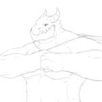  anthro grandall_(artist) greyscale horn male monochrome muscular scalie simple_background sketch solo teeth white_background 