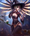  alternate_costume artist_name bangs blonde_hair blue_eyes blurry blurry_background book breasts brooch broom broom_riding brown_gloves brown_hat brown_legwear capelet cleavage commentary cowboy_shot dress earrings elbow_gloves eyelashes flying full_moon gloves halloween halloween_costume hand_on_ear hands_up hat hat_belt highres jewelry looking_at_viewer mechanical_wings medium_breasts mercy_(overwatch) moon night night_sky nose orange_wings outdoors overwatch pachimari parted_lips patreon_username pelvic_curtain pink_lips polkin short_hair short_sleeves sidesaddle sitting sky smile solo spread_wings teeth thighhighs tumblr_username watermark web_address wings witch witch_hat witch_mercy 