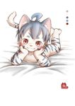  anthro blue_fur blush cub feline fur grey_hair hair head_on_hand looking_at_viewer lying male mammal nude on_front red_eyes simple_background smile solo white_background white_fur young yuanyuan 