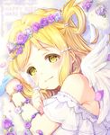  angel_wings blonde_hair blush character_name clenched_hands dated flower_bracelet hair_ornament hair_rings hairpin happy_birthday head_wreath holding_feather light_smile looking_at_viewer love_live! love_live!_sunshine!! ohara_mari petals sakuramochi_n solo twitter_username wings yellow_eyes 