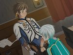  2boys blush brown_hair erection male_focus mikleo_(tales) multiple_boys penis silver_hair smile sorey_(tales) tales_of_(series) tales_of_zestiria testicles yaoi 