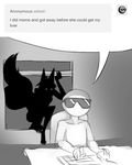  2017 ambiguous_gender animal_humanoid anon big_tail breaking_in canine climbing computer_mouse dot_eyes duo eyewear female fox fox_humanoid greyscale humanoid humor imminent_death inside keyboard long_tail mammal momo_(sub-res) monochrome silhouette sketch spooky_fox sub-res sunglasses tumblr unaware white_eyes window 