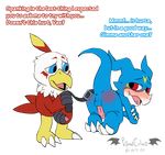  avian balls belt bird blue_eyes blush claws clothing digimon dragon english_text erection feathers hawkmon humanoid_penis lizard male male/male masturbation open_mouth penis red_eyes reptile scalie simple_background smile spanking standing text tongue veemon vibrantechoes video_games 