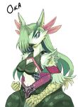  akitokit anthro avian beak big_breasts blue_eyes breasts cleavage clothed clothing english_text feathers female green_feathers green_hair hair kemono midriff solo text 