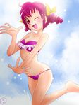  10s 1girl ahoge barefoot bikini blush bow double_bun feet frills highres hoshizora_miyuki navel one_eye_closed pink_eyes pink_hair precure ruriruri short_hair smile smile_precure! solo swimsuit wink 