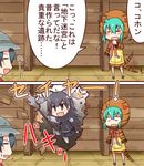  antlers comic commentary hat helmet hood hoodie kaban_(kemono_friends) kemono_friends long_hair long_sleeves moose_(kemono_friends) moose_ears multiple_girls open_mouth oyoneko pith_helmet ribbon skirt snake_tail striped_hoodie striped_tail tail tail_wagging translated tsuchinoko_(kemono_friends) 