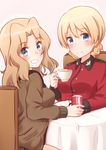  bangs blonde_hair blue_eyes braid brown_jacket can chair closed_mouth coca-cola cup darjeeling epaulettes girls_und_panzer grin hair_intakes highres holding jacket kapatarou kay_(girls_und_panzer) long_hair long_sleeves looking_at_viewer looking_back military military_uniform multiple_girls open_clothes open_jacket red_jacket saunders_military_uniform short_hair sitting smile soda_can st._gloriana's_military_uniform table teacup tied_hair twin_braids uniform 