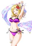  arms_up bikini blonde_hair braid breasts cleavage crown_braid floral_print flower hair_flower hair_ornament hair_rings highres jewelry layered_bikini love_live! love_live!_sunshine!! medium_breasts medium_hair navel necklace ohara_mari one_eye_closed open_mouth purple_bikini sarong side-tie_bikini simple_background solo swimsuit white_background yellow_eyes yuewu_zhu_youdi 